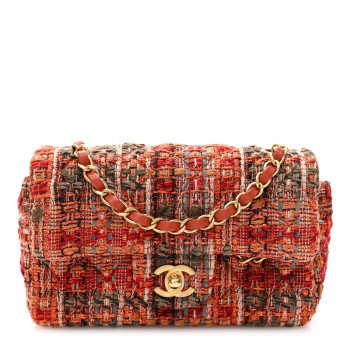 CHANEL Tweed Quilted Mini Rectangular Flap Orange Multicolor
