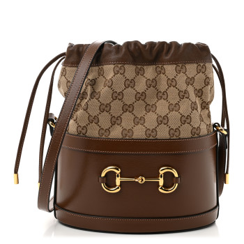 GUCCI Monogram Textured Calfskin Horsebit 1955 Drawstring Bucket Bag Beige Brown Sugar