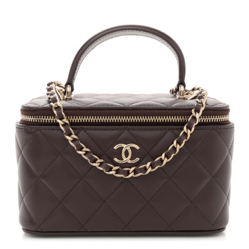 CHANEL Lambskin Quilted Small Top Handle Vanity Case With Chain Dark Brown