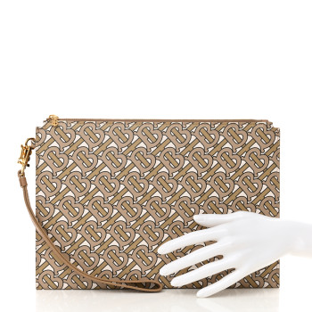 BURBERRY Calfskin Monogram Panola Zip Pouch Beige