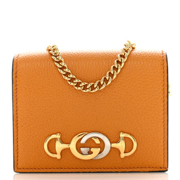 GUCCI Grainy Calfskin Zumi Chain Card Case Wallet Friky Taupe