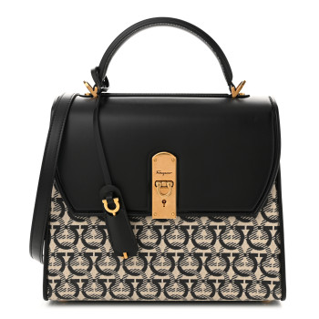 SALVATORE FERRAGAMO Canvas Calfskin Gancini Medium Boxyz Black Beige