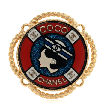 CHANEL Metal Resin Glitter Sailor Brooch Gold Red White Black