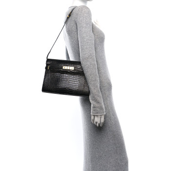 SAINT LAURENT Shiny Calfskin Crocodile Embossed Manhattan Baguette Black