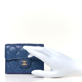 CHANEL Iridescent Caviar Flap Quilted Card Holder Wallet Dark Blue