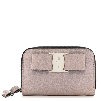 SALVATORE FERRAGAMO Rainbow Glitter Mini Vara Bow Zip Wallet Light Pink