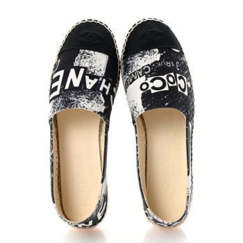 CHANEL Printed Canvas Grosgrain 31 Rue Cambon Espadrilles 38 Black White