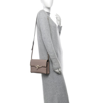 VALENTINO GARAVANI Pebbled Calfskin Medium Rockstud Flip Lock Crossbody Bag Clay