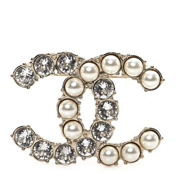 CHANEL Pearl Crystal CC Brooch Light Gold