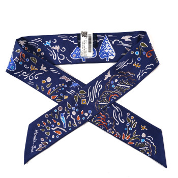 HERMES Silk Isola Di Primavera Twilly Marine Kaki White