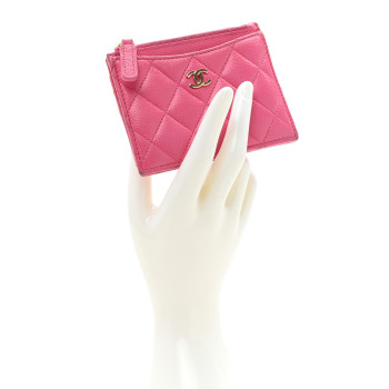 CHANEL Caviar Quilted CC Zip Card Holder Pink