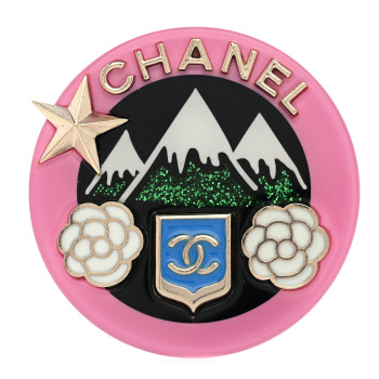 CHANEL Resin Glitter Brooch Gold Pink Black Green