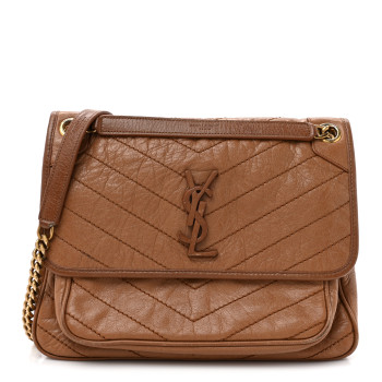 SAINT LAURENT Crinkled Calfskin Matelasse Monogram Medium Niki Chain Satchel Caramel