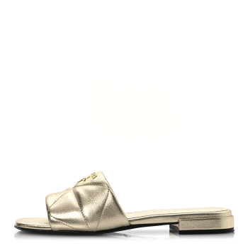 PRADA Metallic Nappa Logo Quilted 10mm Slide Sandals 36.5 Pirite