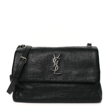 SAINT LAURENT Calfskin Crocodile Embossed Medium West Hollywood Monogram Fold-Over Black
