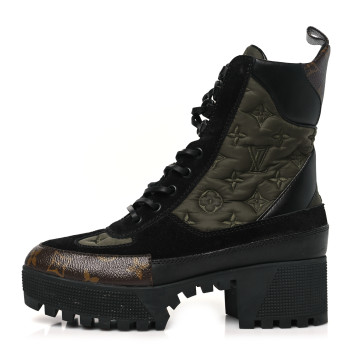 LOUIS VUITTON Nylon Embroidered Monogram Suede Laureate Platform Desert Boots 38 Kaki