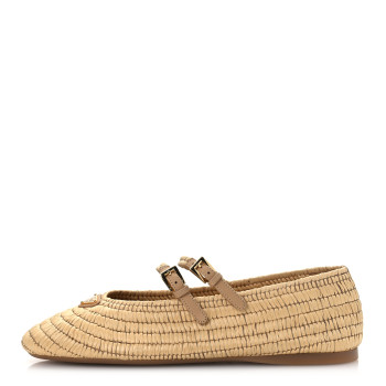 PRADA Raffia Metal Triangle Logo Ballet Flats 38.5 Natural