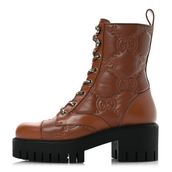 GUCCI Cordovan Lux Nappa GG Matelasse Lace Up 60mm Combat Boots 36 Dark Hazel Brown