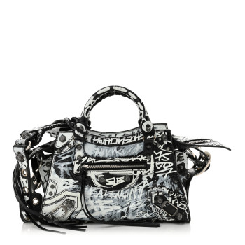 BALENCIAGA Agneau Arena Graffiti Neo Cagole Handbag XS Black White