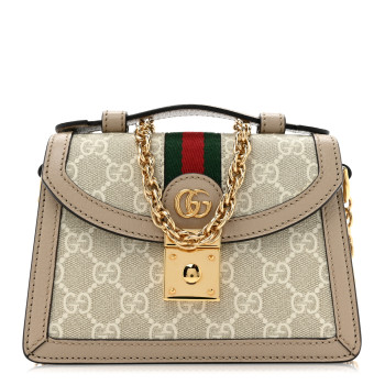 GUCCI GG Supreme Monogram Textured Dollar Calfskin Web Mini Ophidia Padlock Top Handle Chain Shoulder Bag Beige Mystic White Oatmeal
