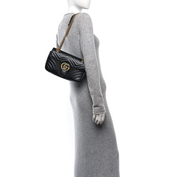 GUCCI Calfskin Matelasse Small GG Marmont Shoulder Bag Black