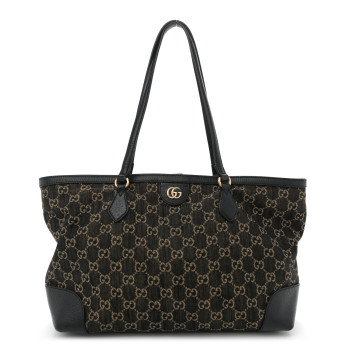GUCCI Jacquard Black Denim GG Monogram Medium Ophidia Shopping Tote Black Ivory