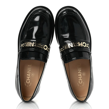 CHANEL Patent Calfskin Logo Loafers 38.5 Black