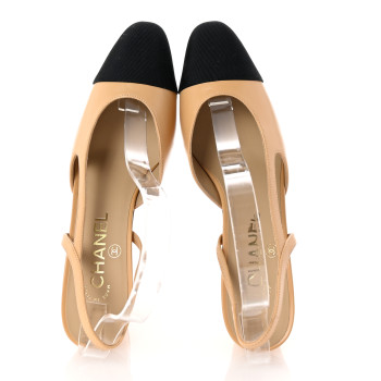 CHANEL Goatskin Grosgrain Cap Toe CC Slingback Pumps 37 Beige Black