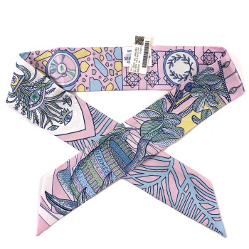 HERMES Silk La Danse Des Amazones Twilly Rose Pale Bleu Jaune