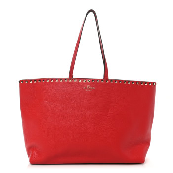 VALENTINO GARAVANI Grained Calfskin Rockstud Shoulder Tote  Rouge Pur