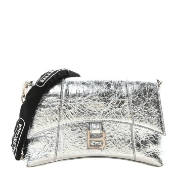 BALENCIAGA Metallic Calfskin Downtown Chain Shoulder Bag XS Silver