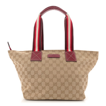 GUCCI GG Monogram Medium Web Handle Bucket Tote Red White