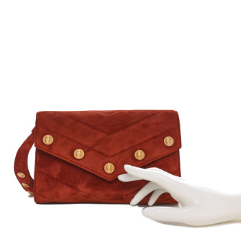 CHANEL Suede Chevron Quilted Mini CC Button Clutch Red