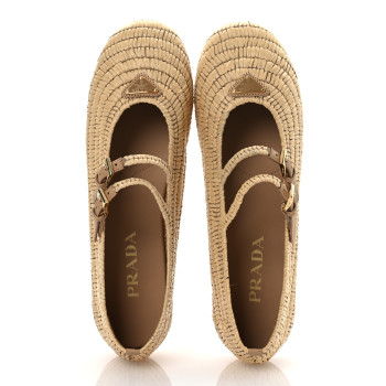 PRADA Raffia Metal Triangle Logo Ballet Flats 38.5 Natural