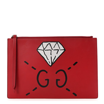 GUCCI Calfskin GucciGhost Print Pouch Hibiscus Red