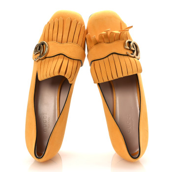GUCCI Kid Scamosciato GG Marmont Fringe 50mm Loafer Pumps 38 Crystal Copper