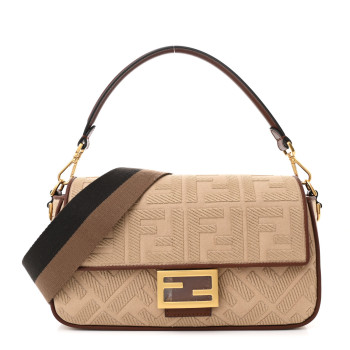 FENDI Canvas Vitello King FF Embroidered Baguette Sand Ghianda