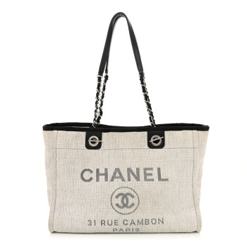 CHANEL Woven Straw Raffia Small Deauville Tote Grey