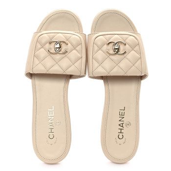 CHANEL Lambskin Quilted Turnlock Flat Mules 41 Light Beige
