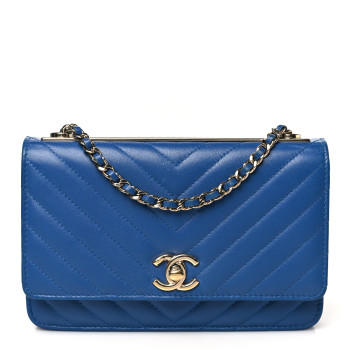 CHANEL Lambskin Chevron Quilted Trendy CC Wallet On Chain WOC Blue