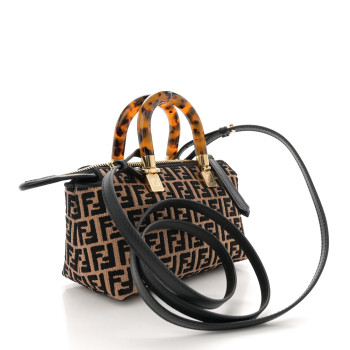 FENDI Raffia Chenille Vitello King Plexiglass Micro FF Mini By The Way Top Handle Boston Bag Naturale Black