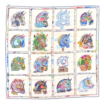 HERMES Silk Chevaloscope Scarf 90 White Bleu Multicolor