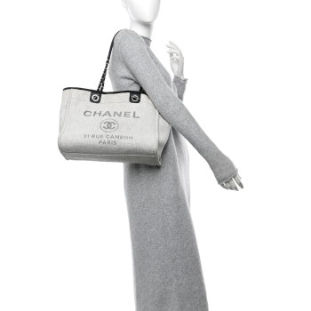 CHANEL Woven Straw Raffia Small Deauville Tote Grey