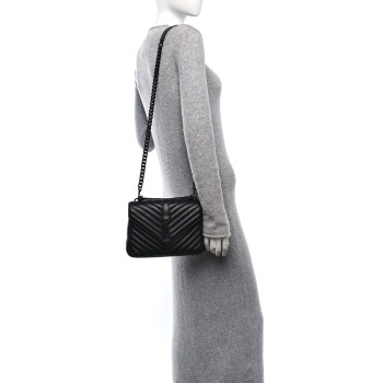 SAINT LAURENT Sheepskin Matelasse Chevron Monogram Monochrome Medium College Bag Black