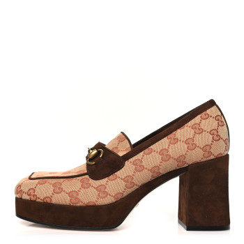 GUCCI GG Monogram Suede Houdan Mid Heel Platform Loafers 40 Beige