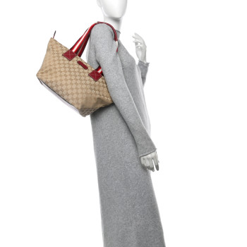 GUCCI GG Monogram Medium Web Handle Bucket Tote Red White
