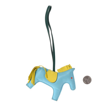 HERMES Milo Lambskin Grigri Rodeo Horse Bag Charm GM Bleu Celeste Lime Malachite