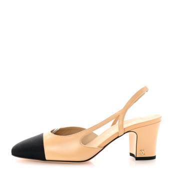 CHANEL Goatskin Grosgrain Cap Toe CC Slingback Pumps 37 Beige Black
