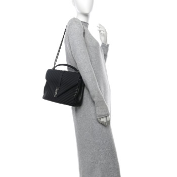 SAINT LAURENT Sheepskin Matelasse Chevron Monogram Large College Satchel Black