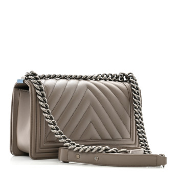 CHANEL Calfskin Chevron Quilted Medium Boy Flap Grey